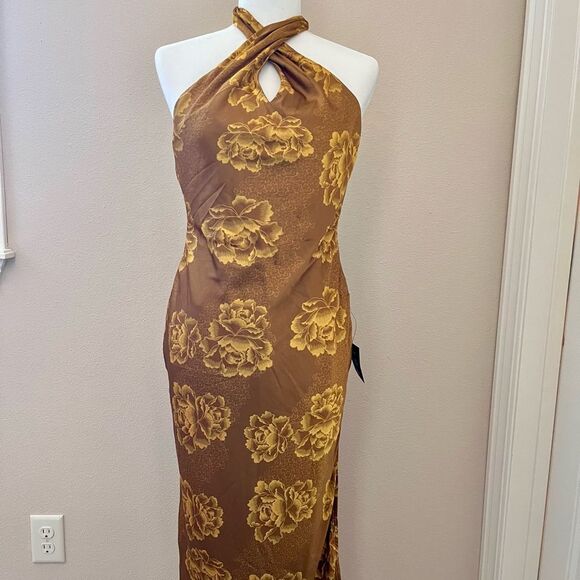 Lulus Elegant Brown gold Sheath midi Dress with Halter Neckline for Night Out - Picture 9 of 9